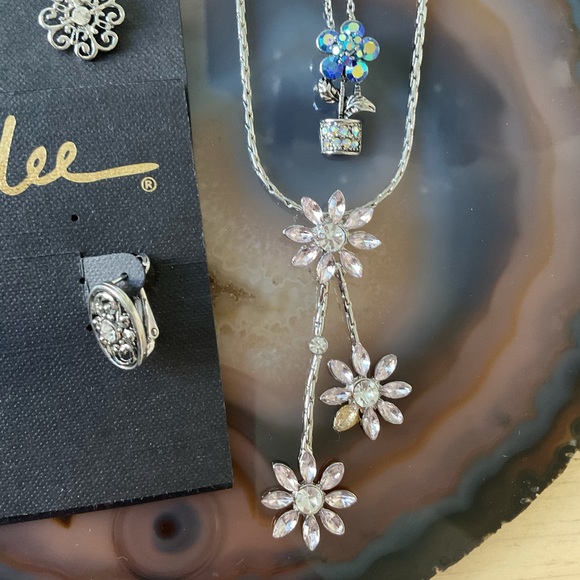 Cookie Lee CZ flower necklace silver crystal filigree earrings lot 4 - Picture 2 of 6